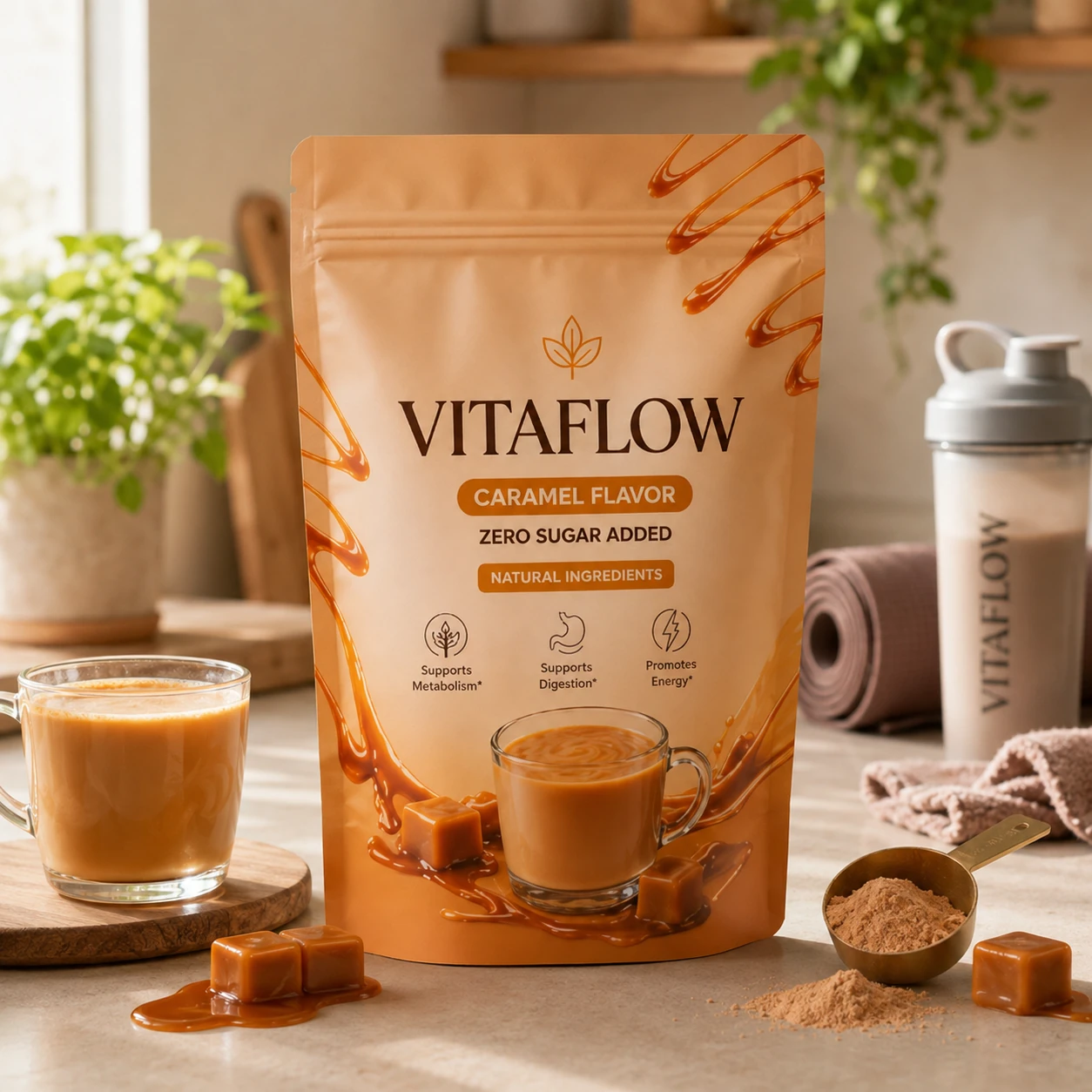 مسحوق مكمل غذائي Vitaflow بنكهة الكراميل لدعم الأيض والهضم والطاقة بدون سكر مضاف